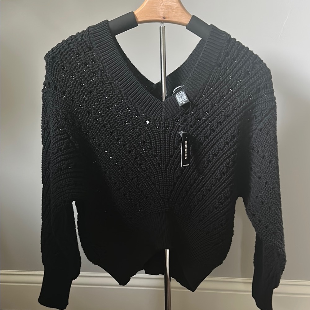 Express Black V-Neck Sweater with Textured Knit